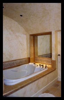 Arched ceiling and Jerusalem limestone at renovated master bath in Virginia home, by Candace Smith Architect