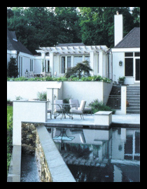 New pool with disappearing edge and screened porch and pergola addition to residence in Charlottesville, VA,   designed by Candace Smith, AIA