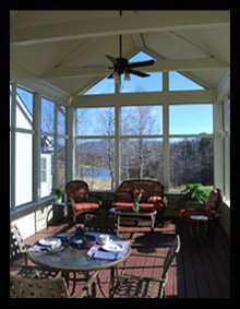 A vaulted beadboard ceiling and hardiplank kneewalls with drink shelf highlight this new screened porch addition for a residence in Nellysford, Virginia, near Wintergreen, designed by Candace M.P. Smith Architect